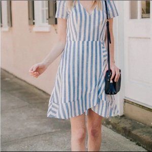 J Crew Blue White Stripe Faux Wrap Dress
